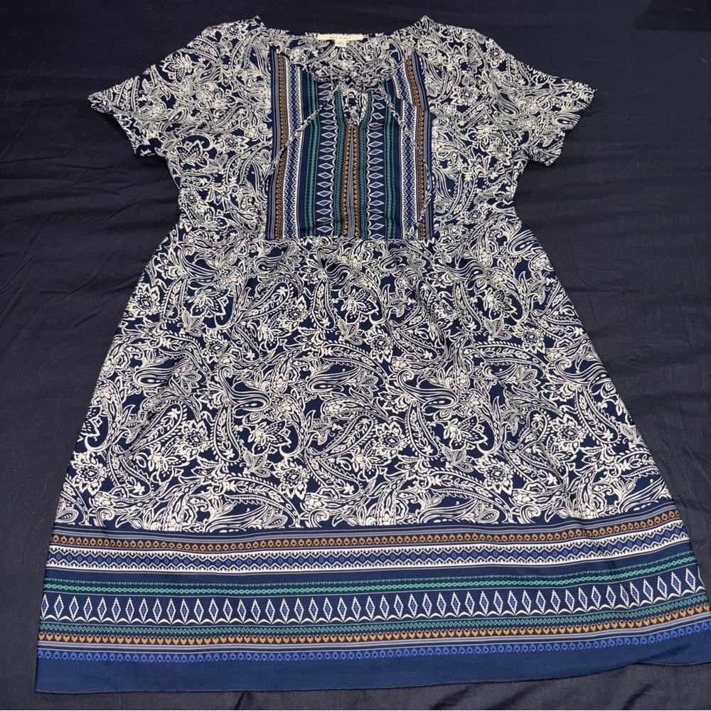 Francesca’s Miami Geometric Print Navy and Cream Boho Style Dress Size Medium